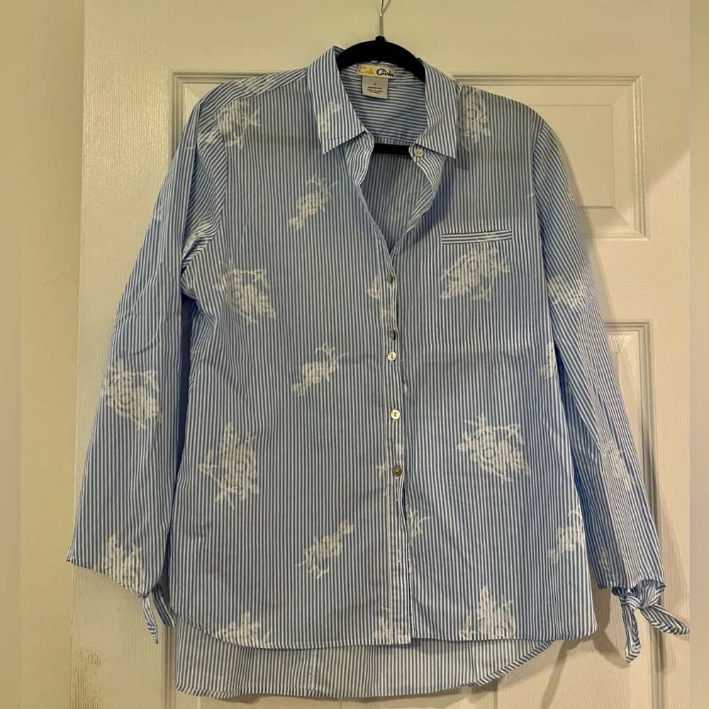 Cali Girls Blue & White pinstriped button up with floral details. 100% cotton